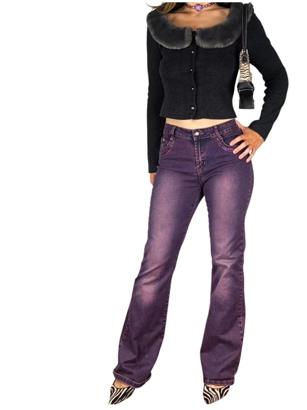 Caché Y2K Purple Flare Jeans with Rhinestone Back Pockets Drop Waist